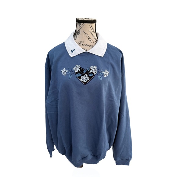 Country Store Tops - Country Store Blue Appliqué Floral Collared Pullover Sweatshirt NWOT Size XL
